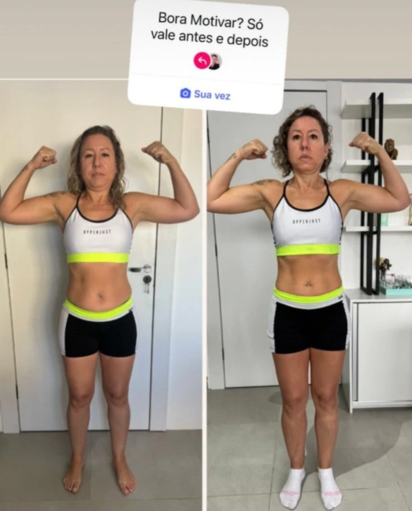 Comparação de registros de evolução corporal com braços flexionados.